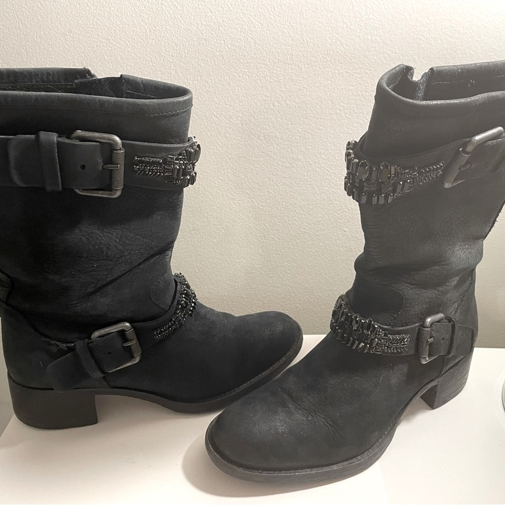 Vera Wang Lavender Black Leather Embellished Boots